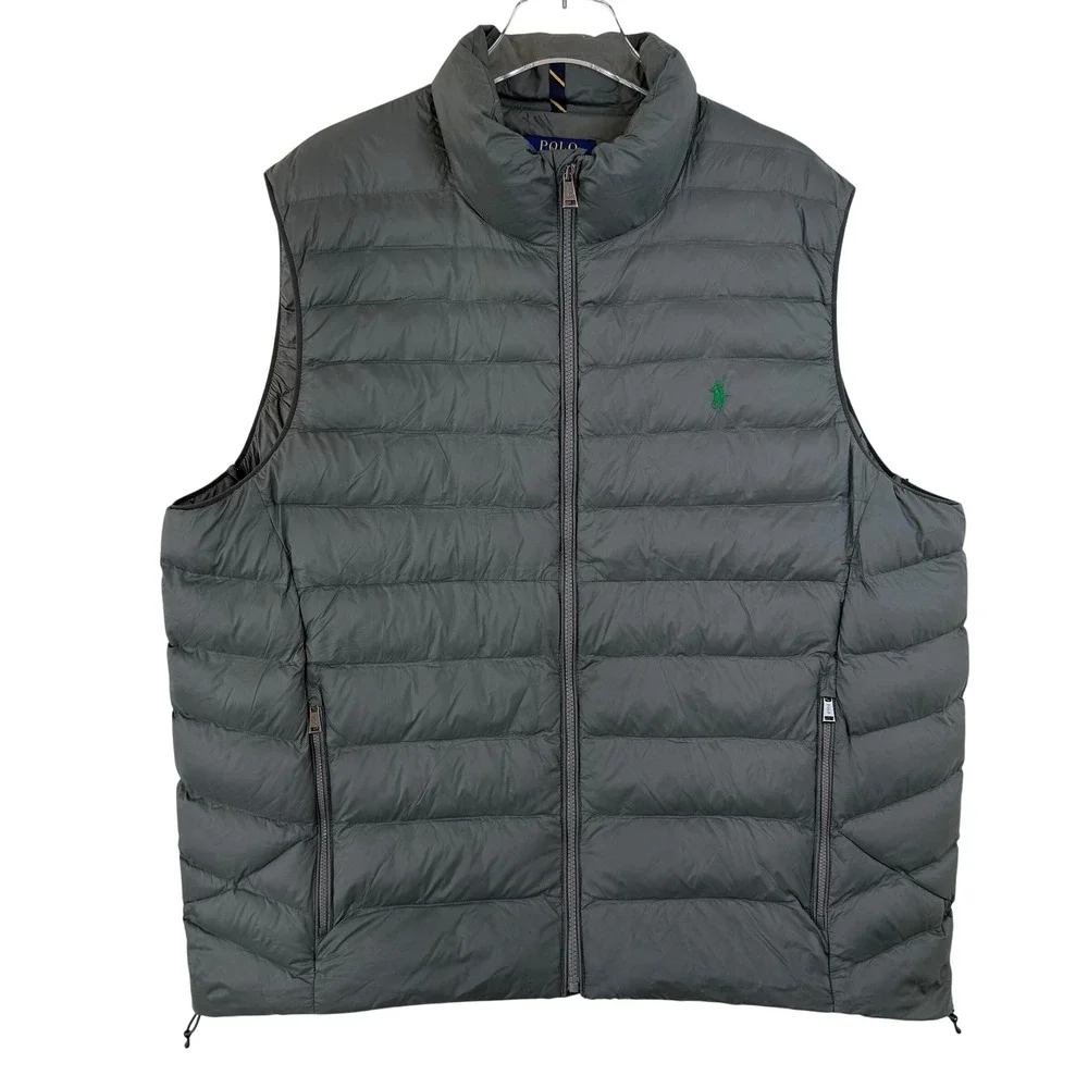 Polo Ralph Lauren Men XXL Gray Quilted Puffer Vest Full Zip Mock Neck Pony Logo‎